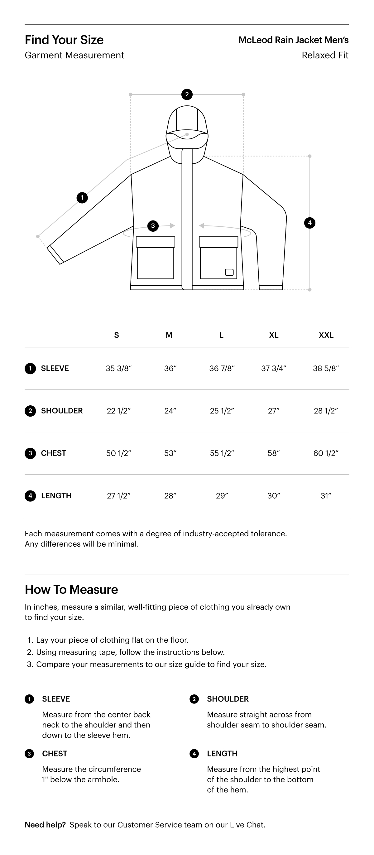 A size guide for the McLeod Rain Jacket Men's