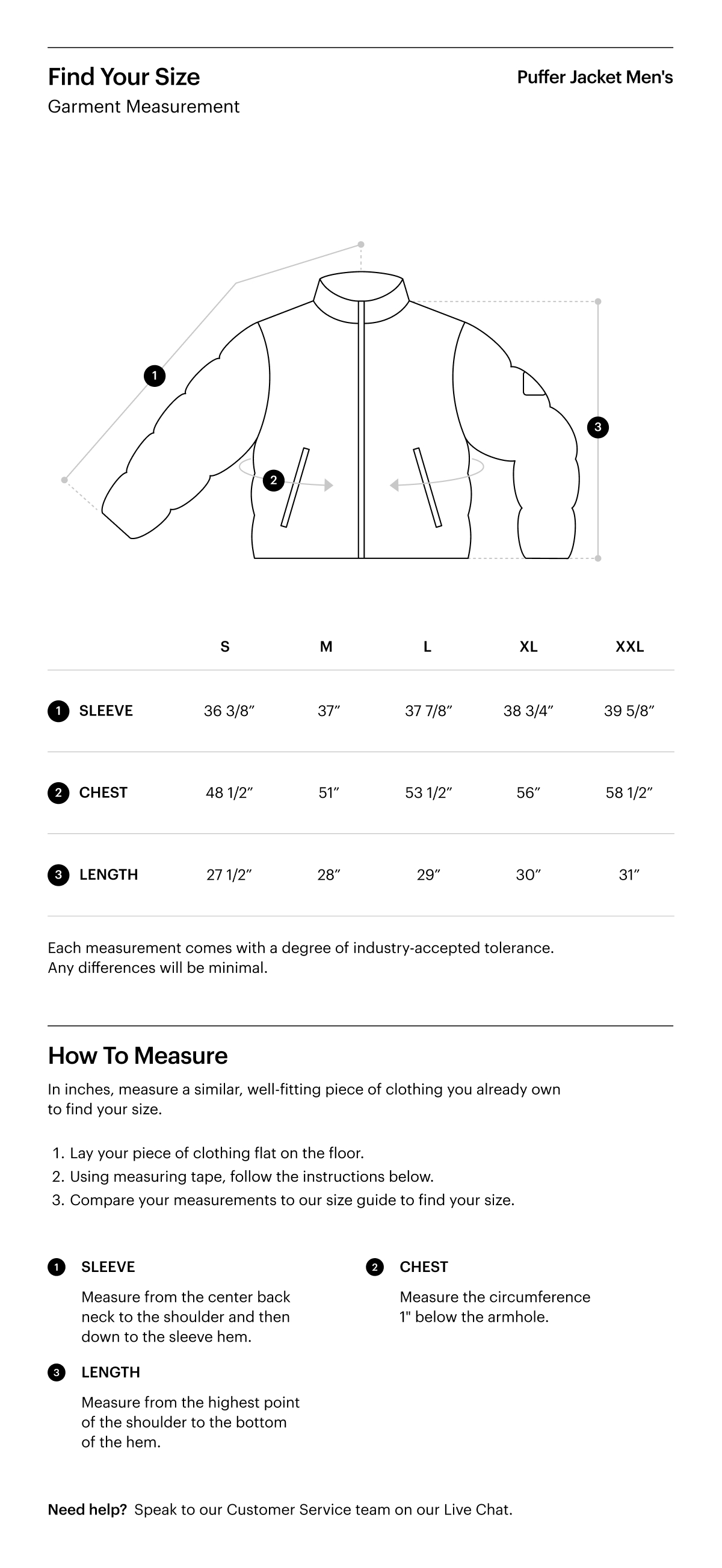 A size guide for the Puffer Jacket Men's