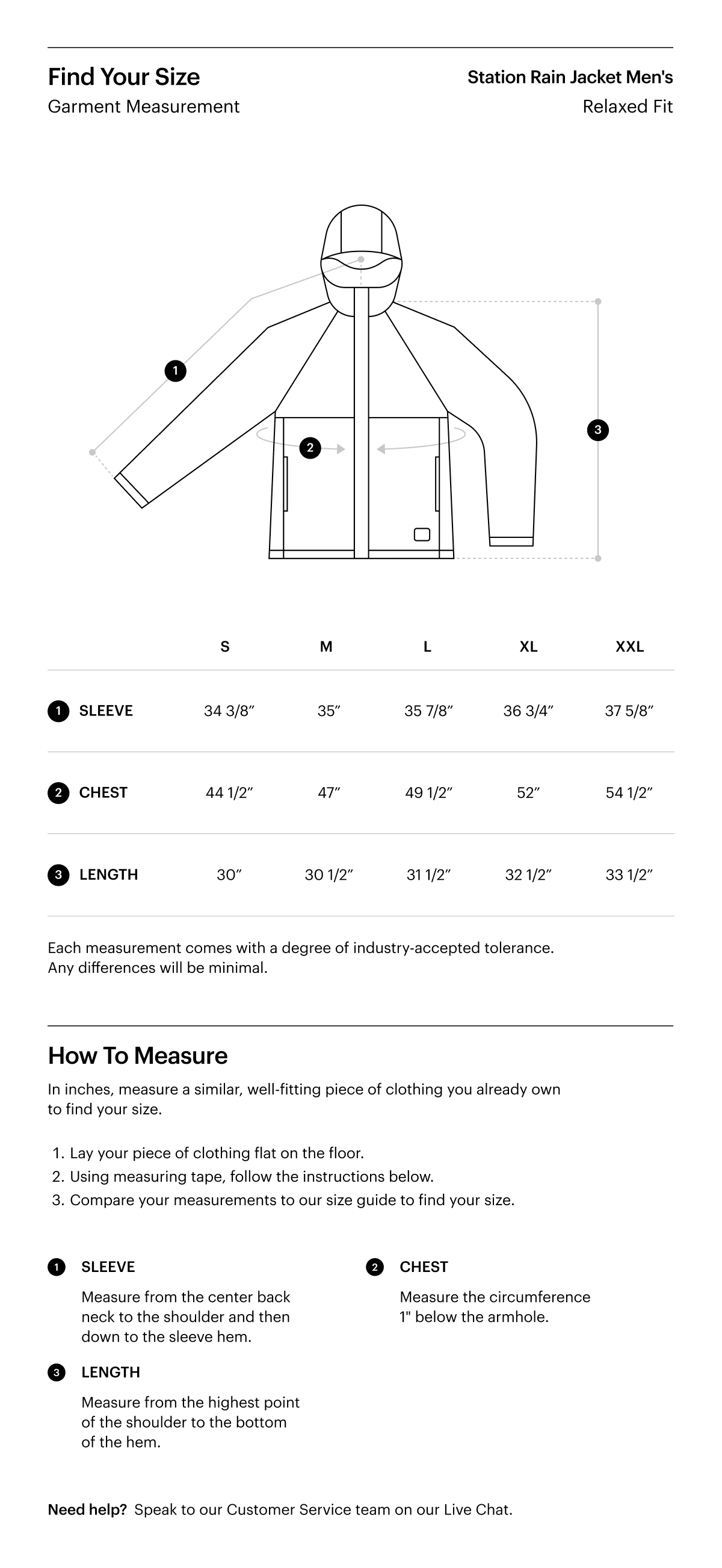 A size guide for the Station Rain Jacket Men's